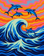 Vibrant Blue Dolphins Ocean Sunset Waves Rug