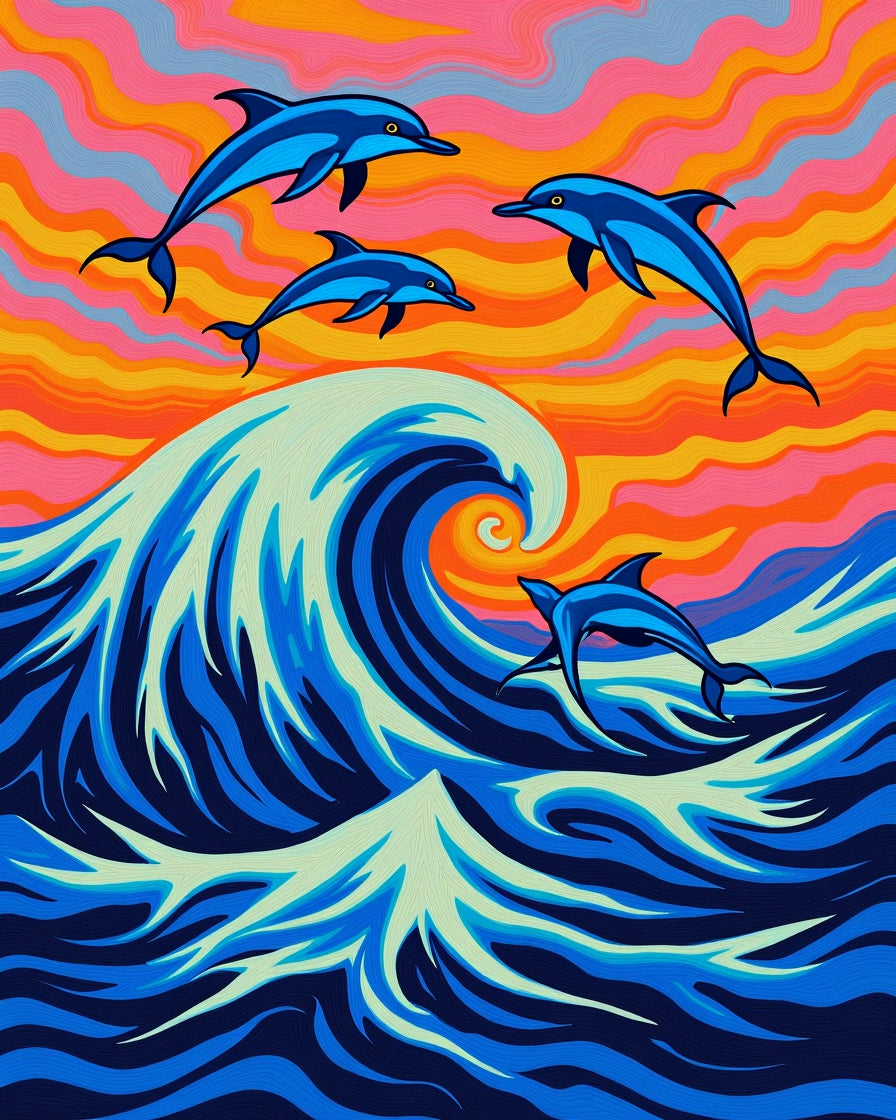 Vibrant Blue Dolphins Ocean Sunset Waves Rug