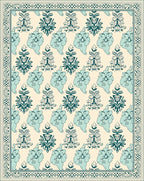 Teal Floral Cream Border Art Rug