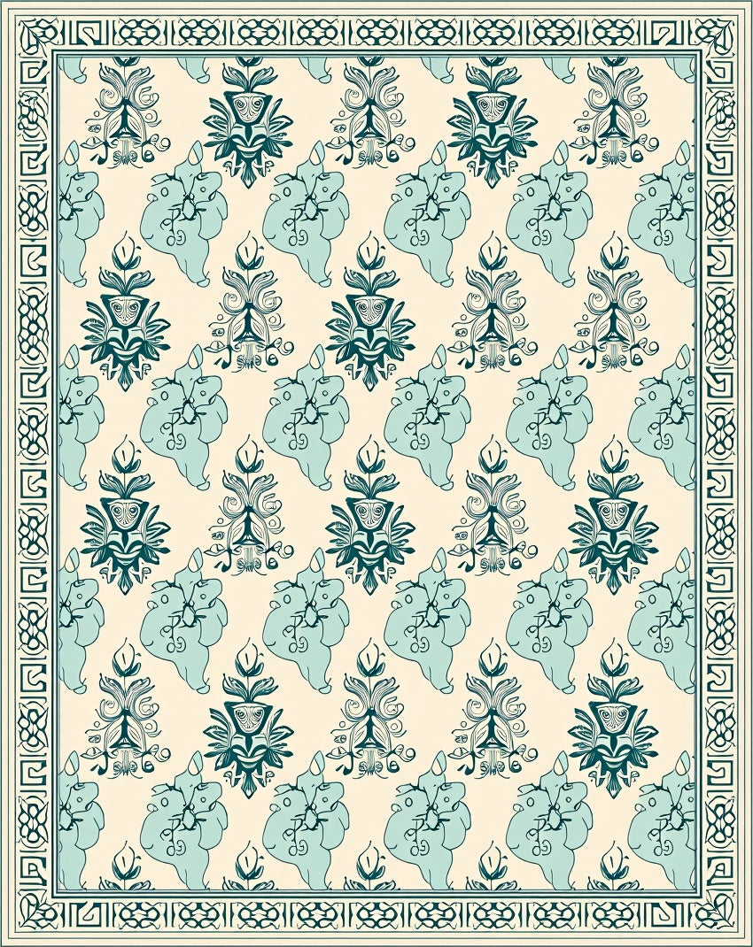 Teal Floral Cream Border Art Rug