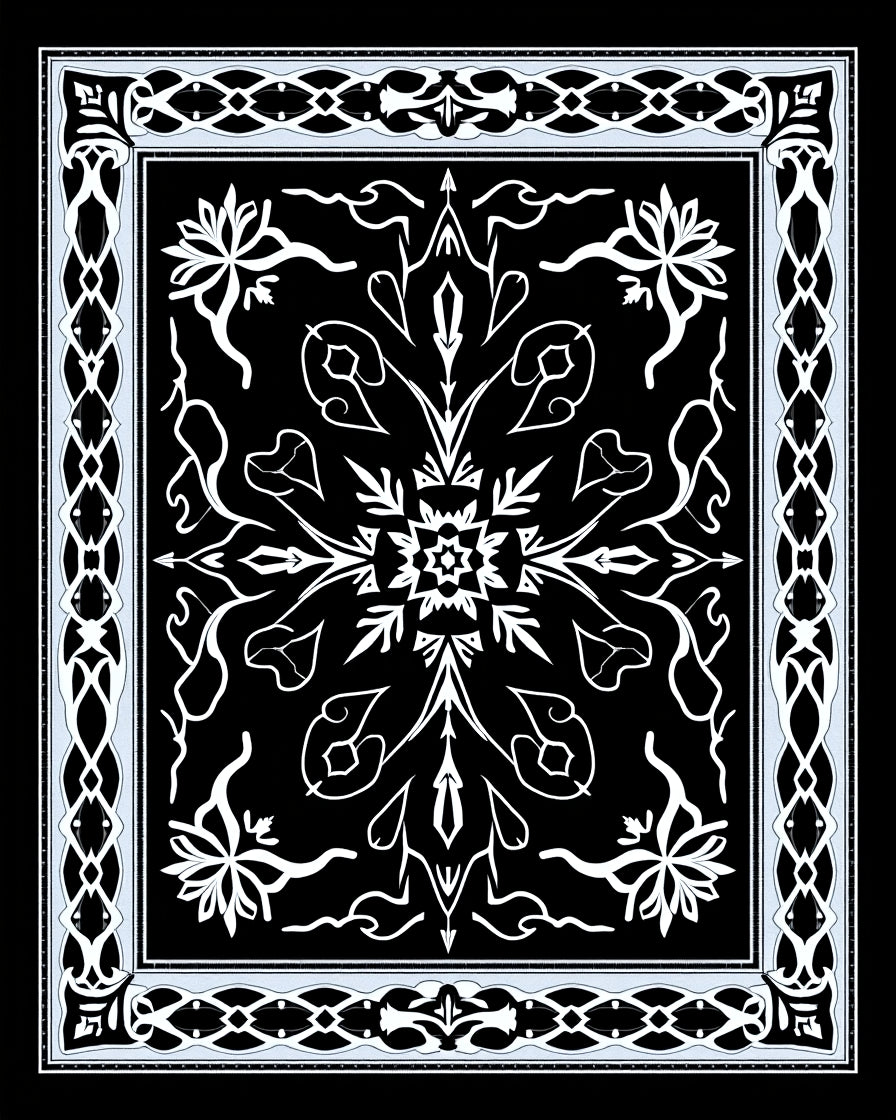 Black and White Stylized Floral Mandala Rug