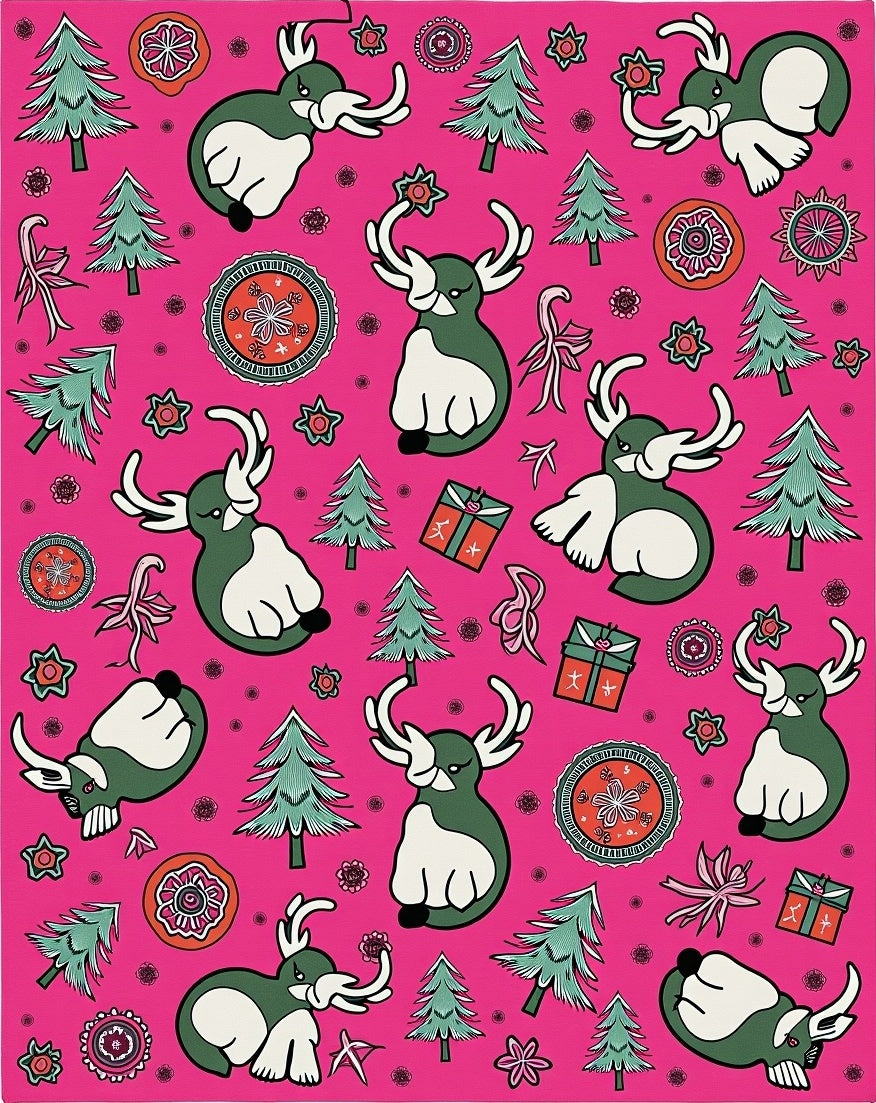 Playful Green Deer Christmas Trees Ornaments Rug
