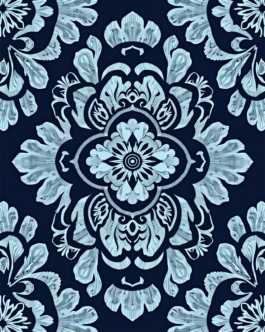 Light Blue Floral Damask Navy Rug