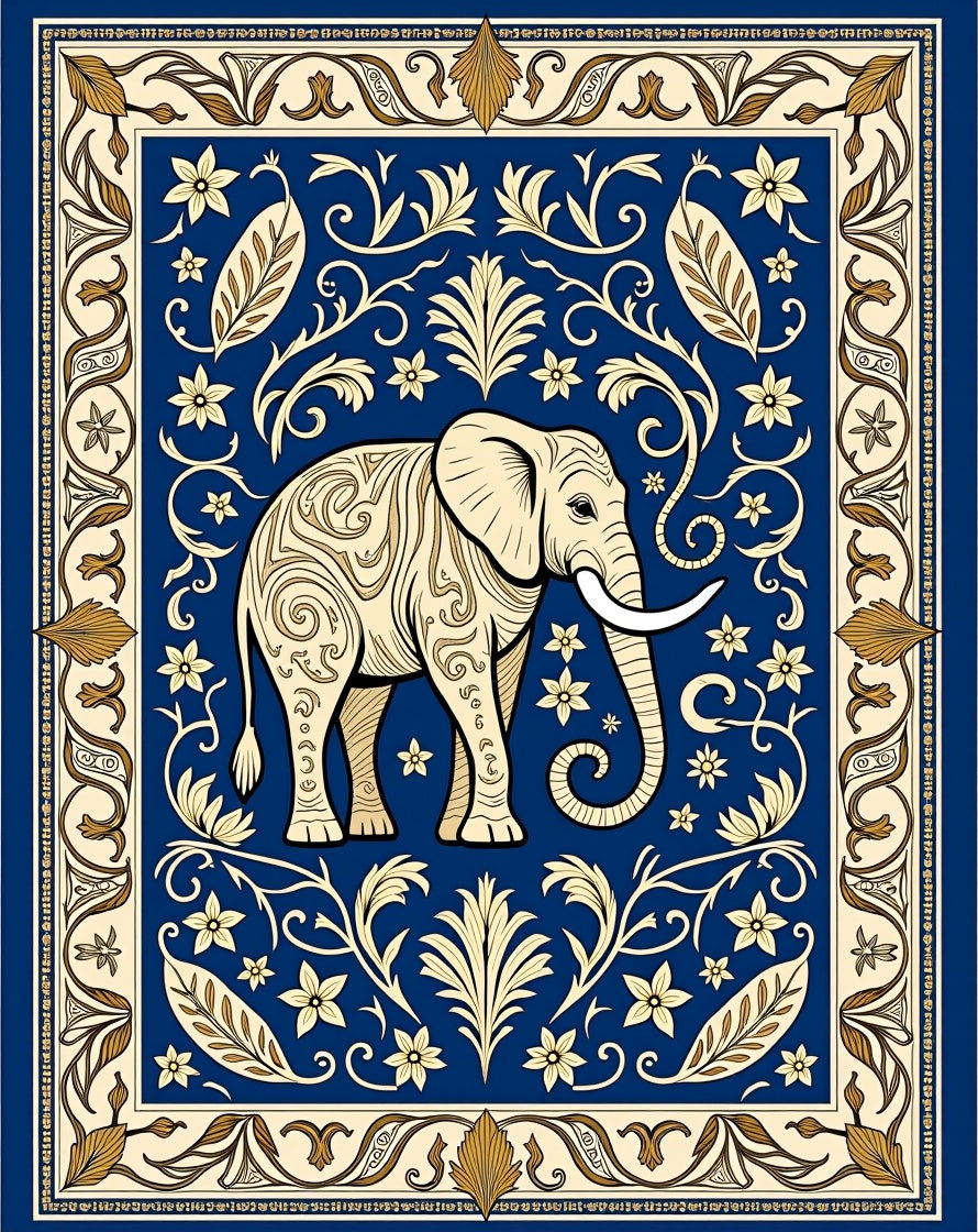 Majestic Elephant Blue Floral Scroll Rug