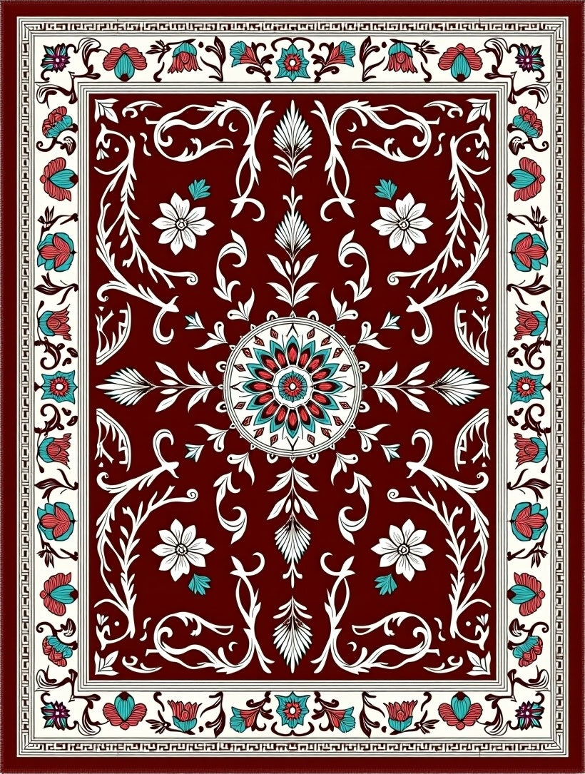 Crimson Floral Medallion Ivory Border Rug