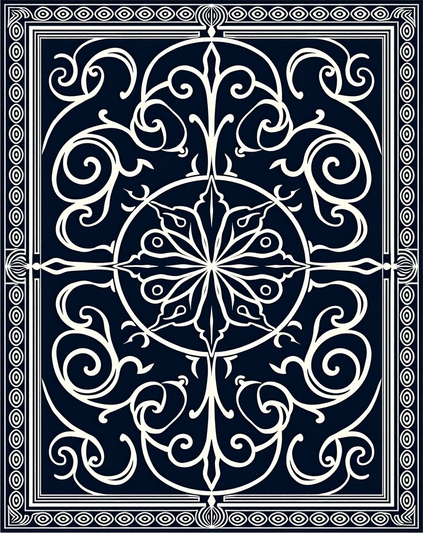 Navy Cream Ornamental Scrollwork Medallion Rug