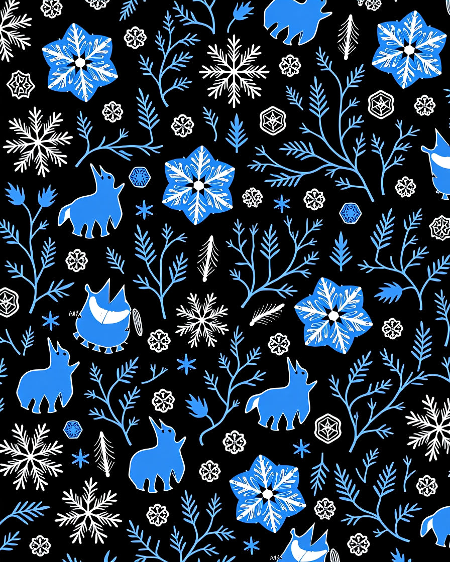 Whimsical Blue Winter Creature Snowflakes Rug