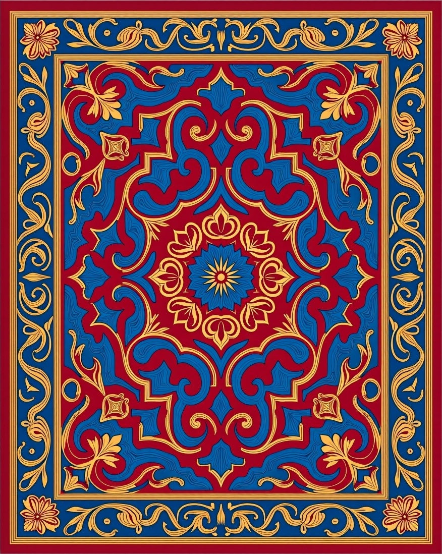 Classic Red Blue Golden Floral Medallion Rug