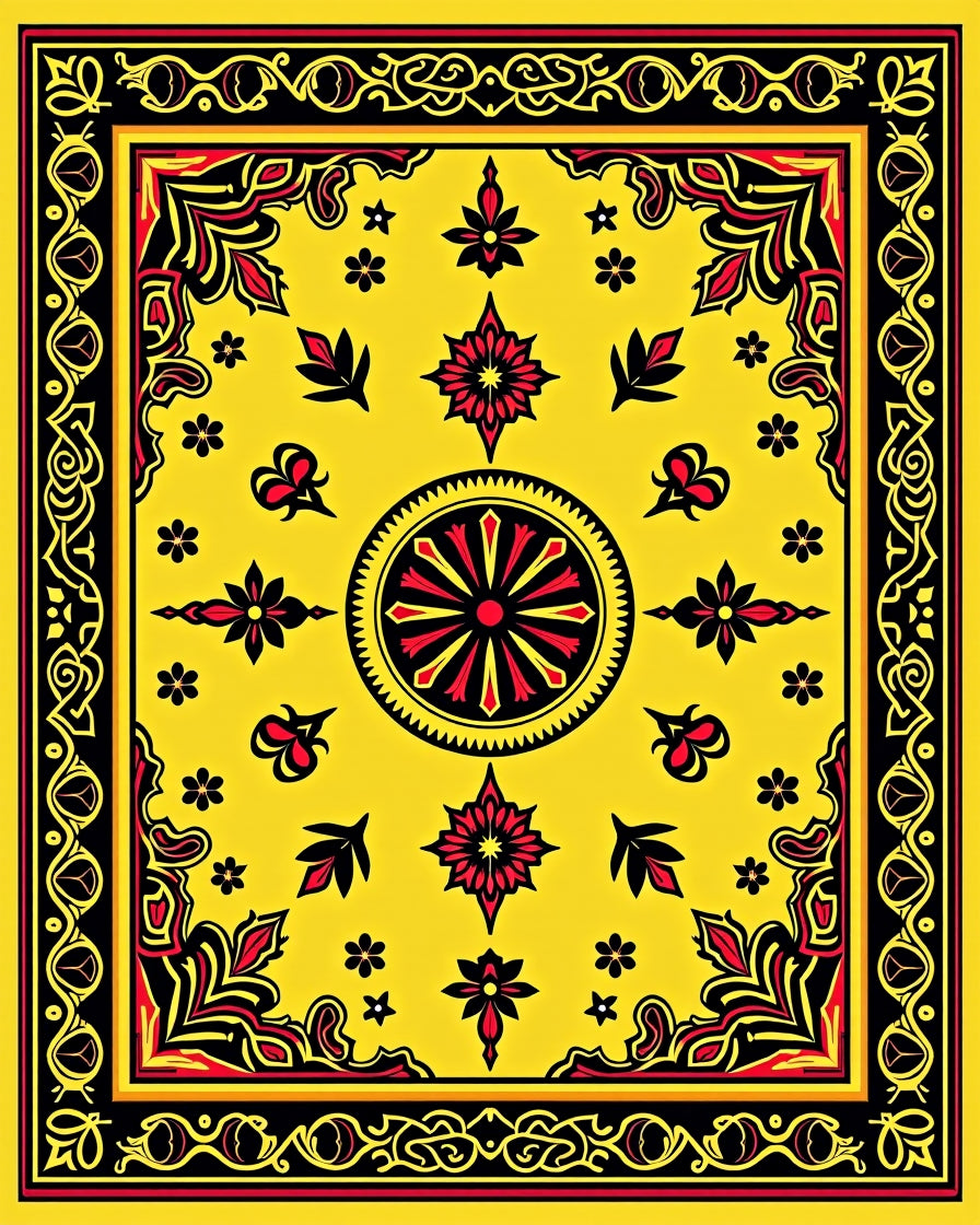 Bold Yellow Red Floral Medallion Sunburst Rug