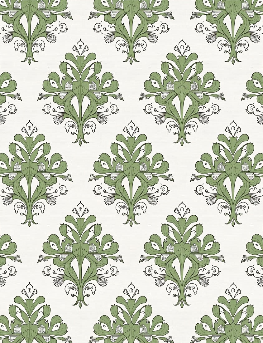 Sage Green Leafy Damask Medallion Rug