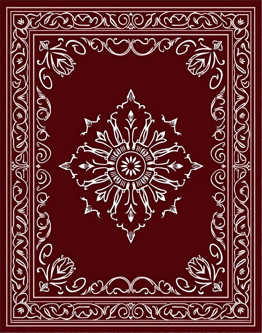 Maroon Elegant Floral Medallion Border Rug
