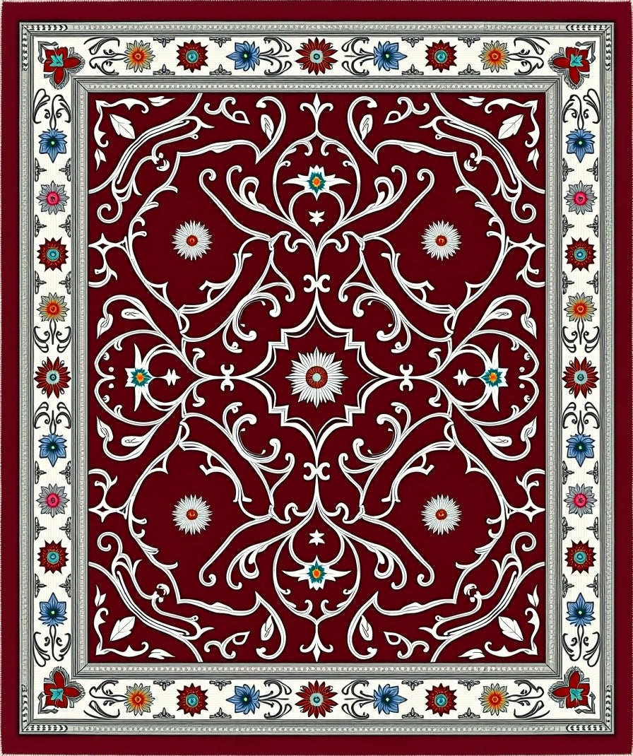 Ornate Crimson Vine Medallion Art Rug