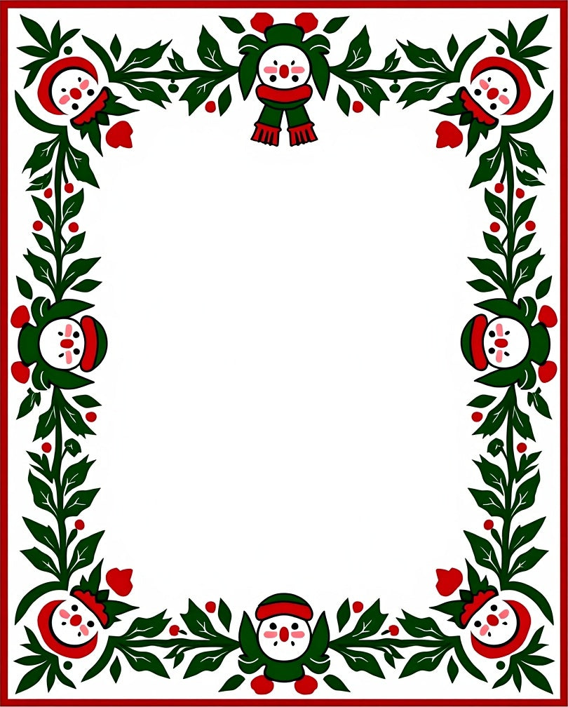 Festive Snowmen Green Leaf Garland Border Rug