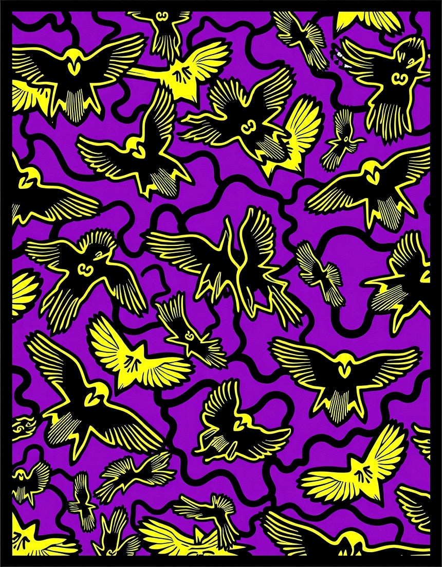 Vibrant Yellow Bird Flight Purple Background Rug