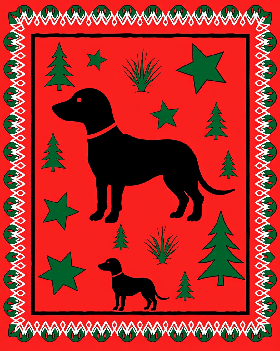 Red Black Dog Christmas Trees Stars Rug
