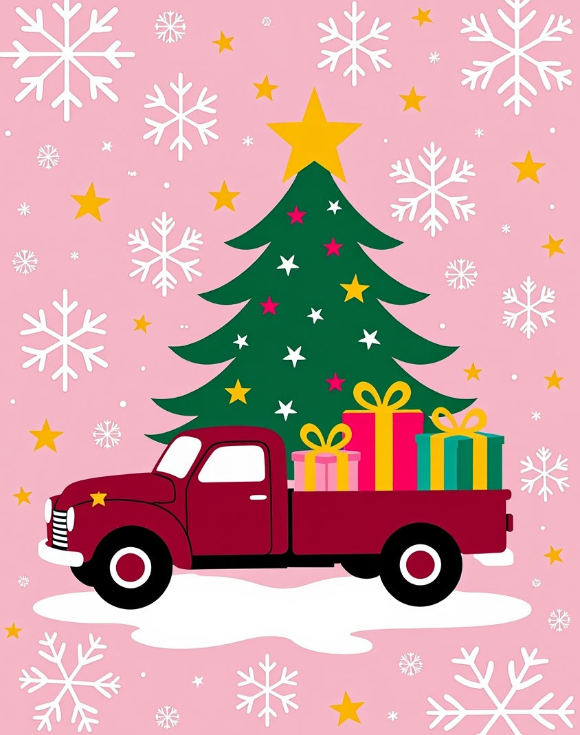 Crimson Truck Christmas Tree Gifts Snowflakes Rug