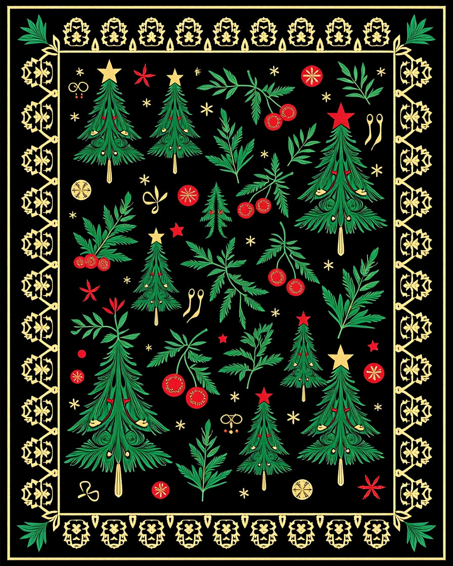 Green Christmas Trees Red Berries Border Rug