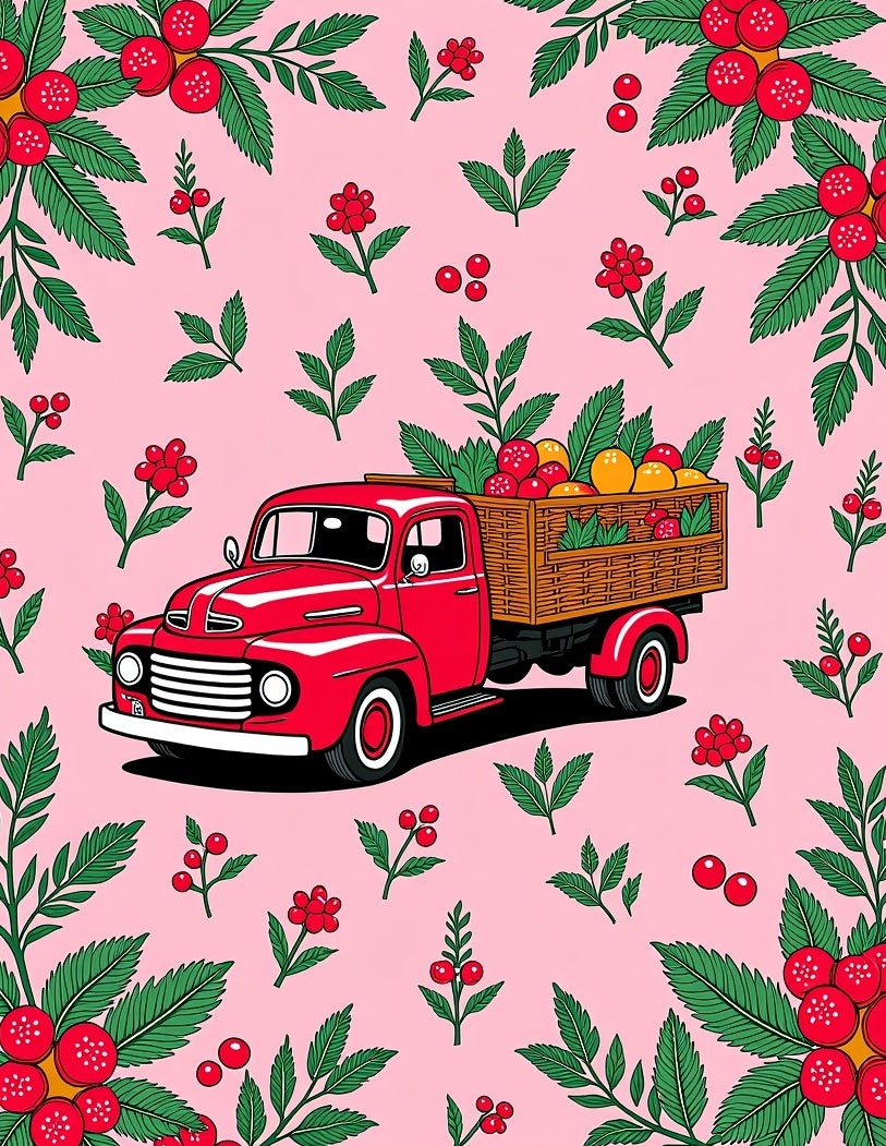 Red Retro Truck Berry Floral Background Rug