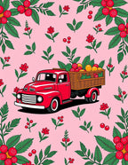 Red Retro Truck Berry Floral Background Rug