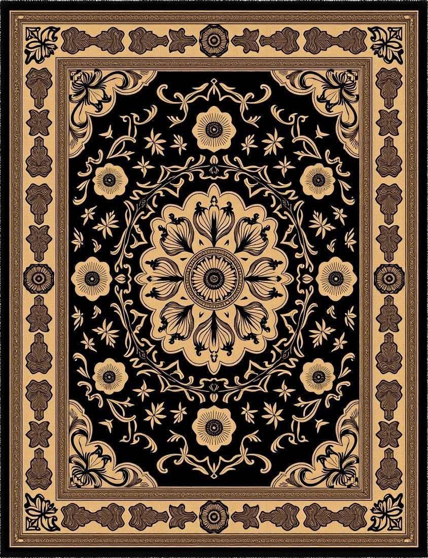 Black Gold Floral Medallion Border Rug
