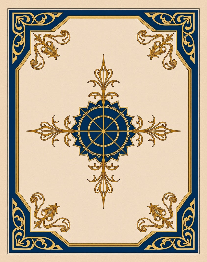 Navy Gold Crested Compass Floral Rug