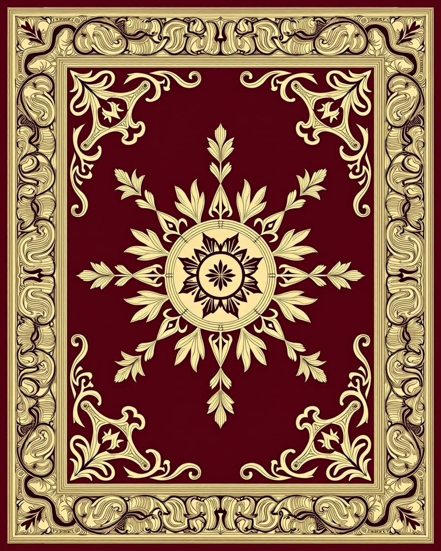 Elegant Gold Floral Medallion Burgundy Rug