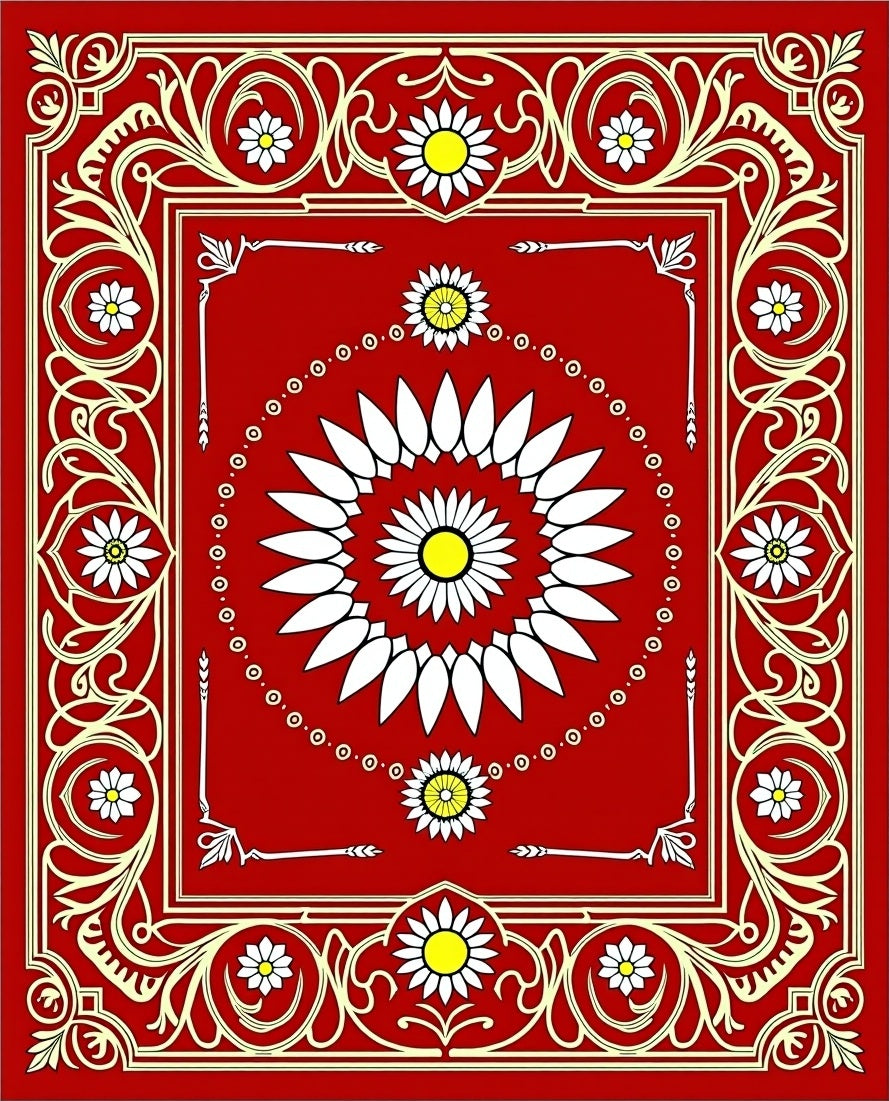 Crimson Floral Rays Medallion Rug