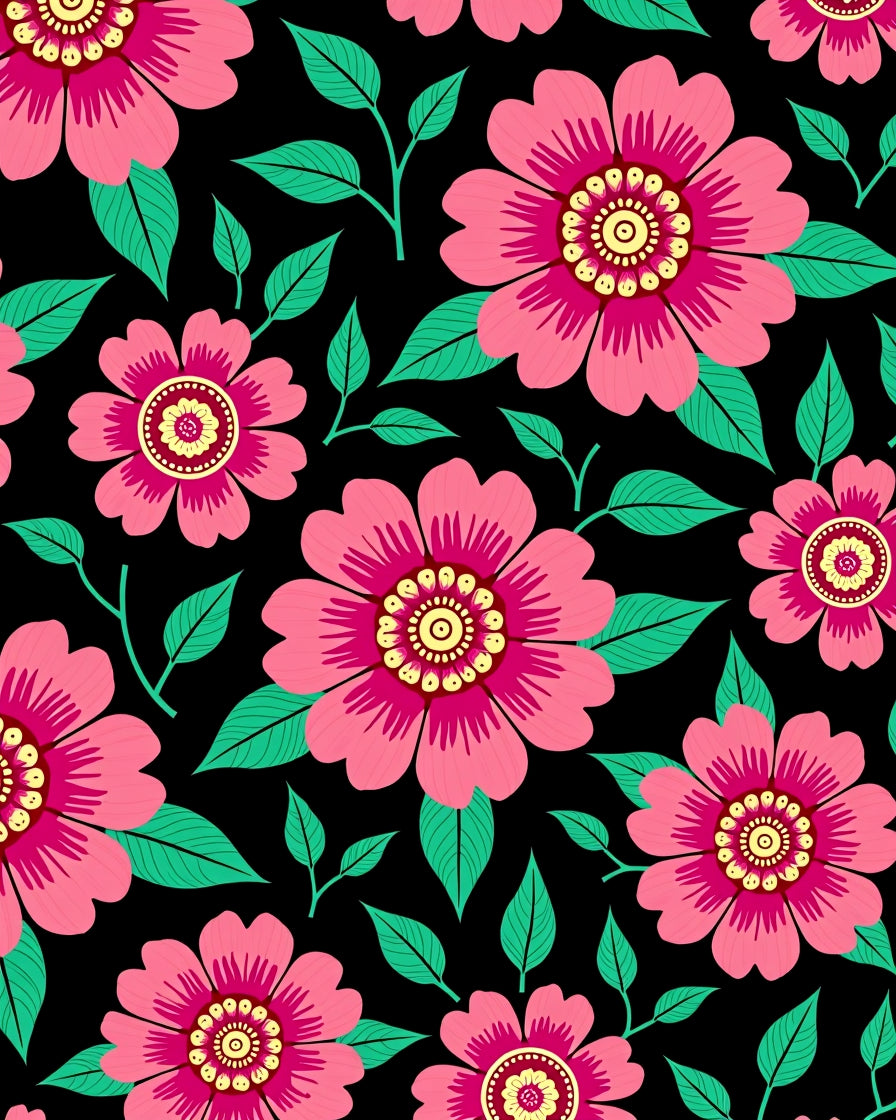 Vibrant Pink Floral Black Botanical Rug