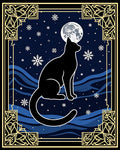 Midnight Black Cat Moon Snowflakes Rug