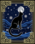 Midnight Black Cat Moon Snowflakes Rug
