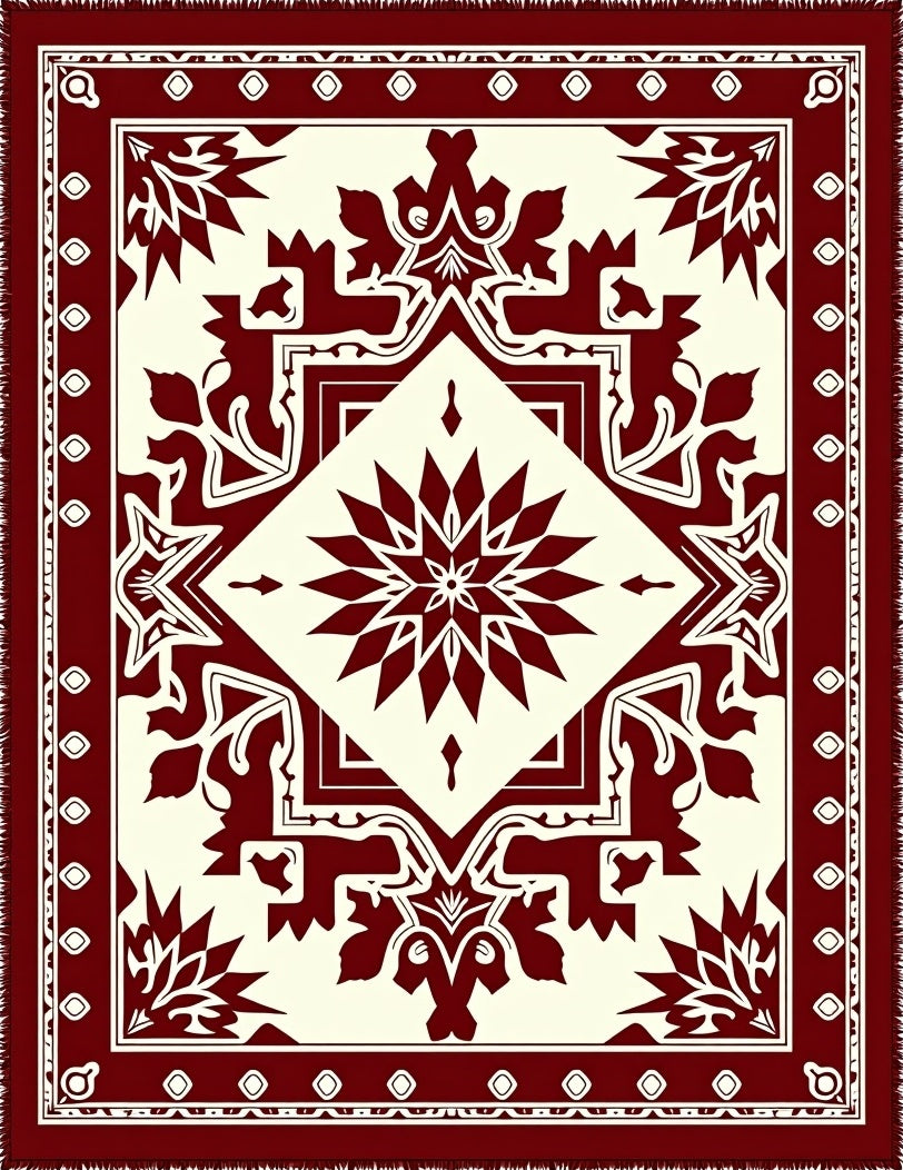 Crimson Ivory Geometric Starburst Medallion Rug