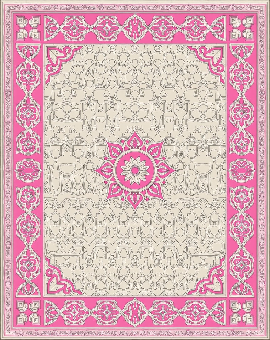 Vibrant Pink Floral Medallion Frame Rug