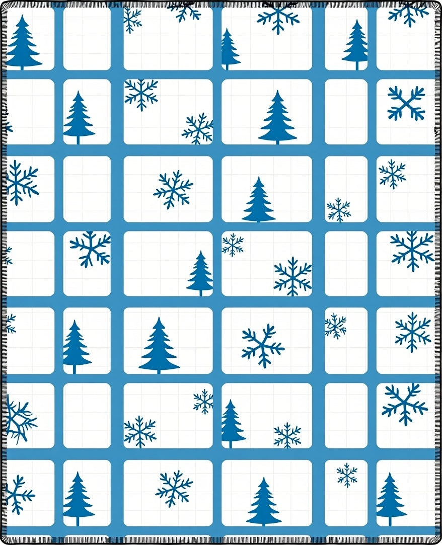 Blue Snowy Trees Snowflake Grid Rug