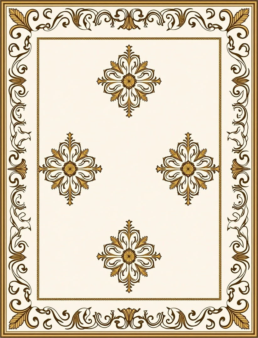 Cream Gold Scroll Floral Medallion Rug