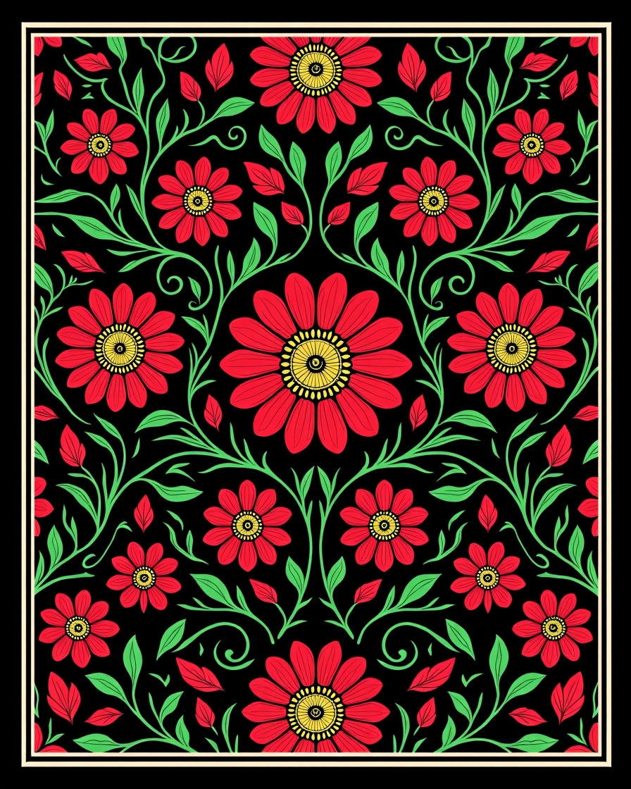 Vibrant Red Floral Vine Jacobean Rug