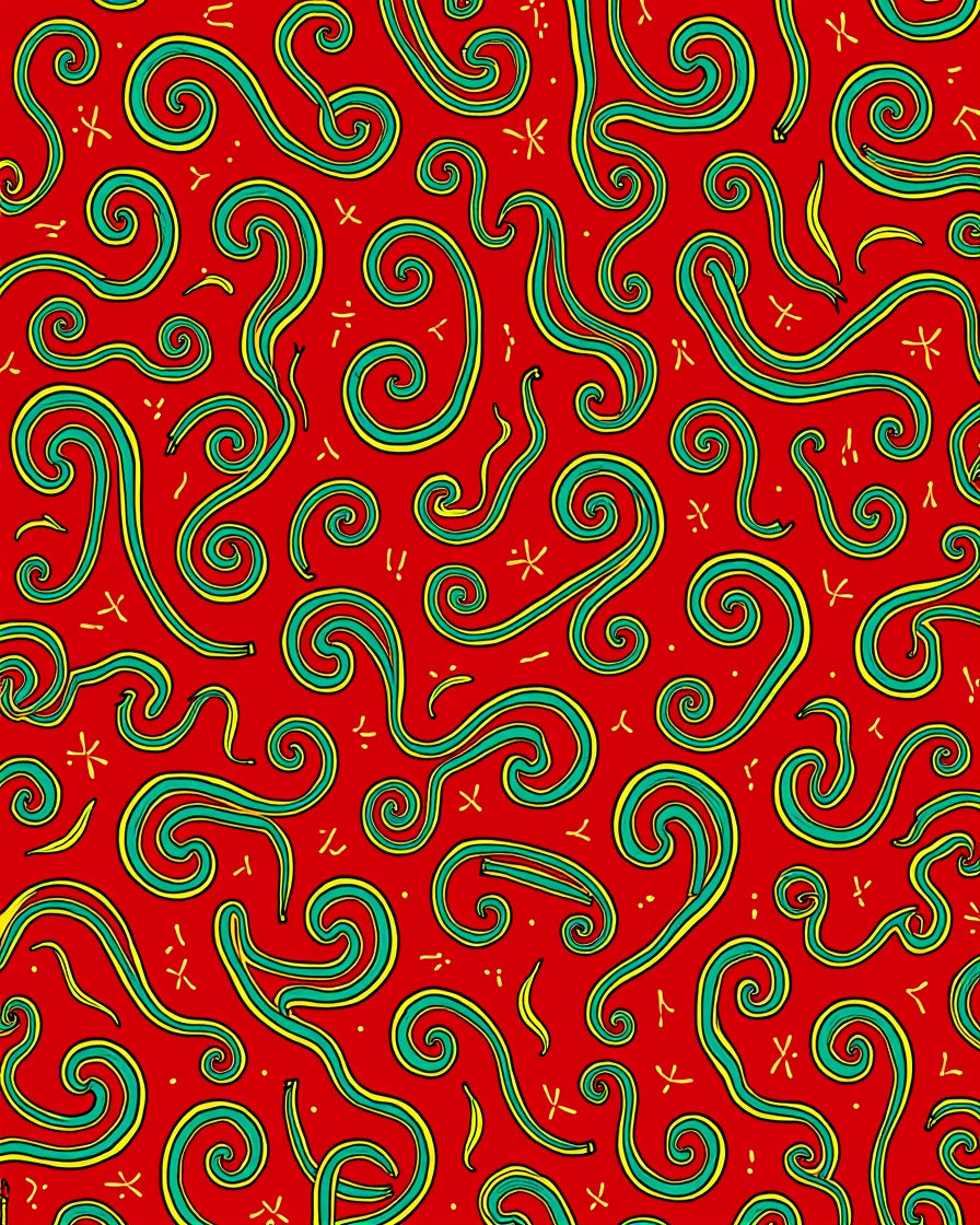 Red Teal Yellow Swirling Curls Rug