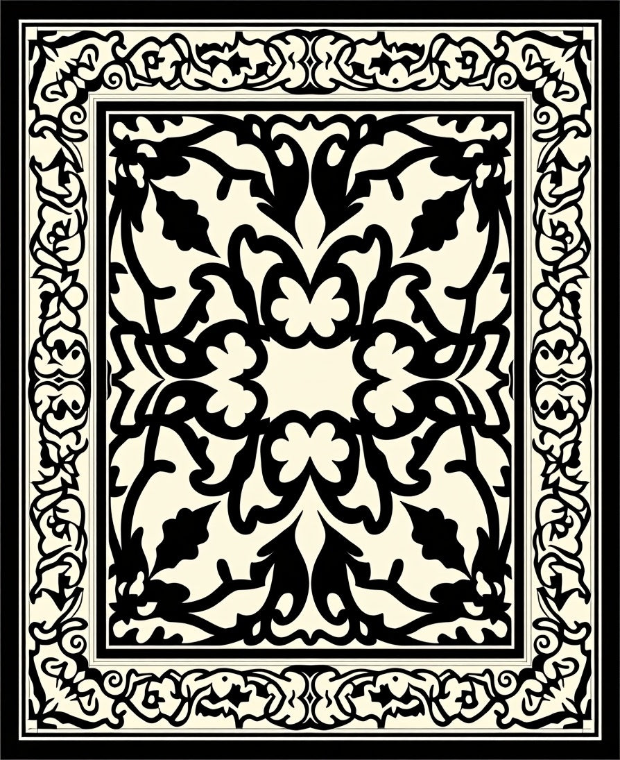 Classic Black Ivory Floral Scroll Border Rug