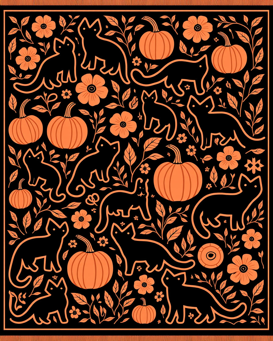 Black Orange Cat Pumpkin Floral Whimsical Rug