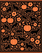 Black Orange Cat Pumpkin Floral Whimsical Rug