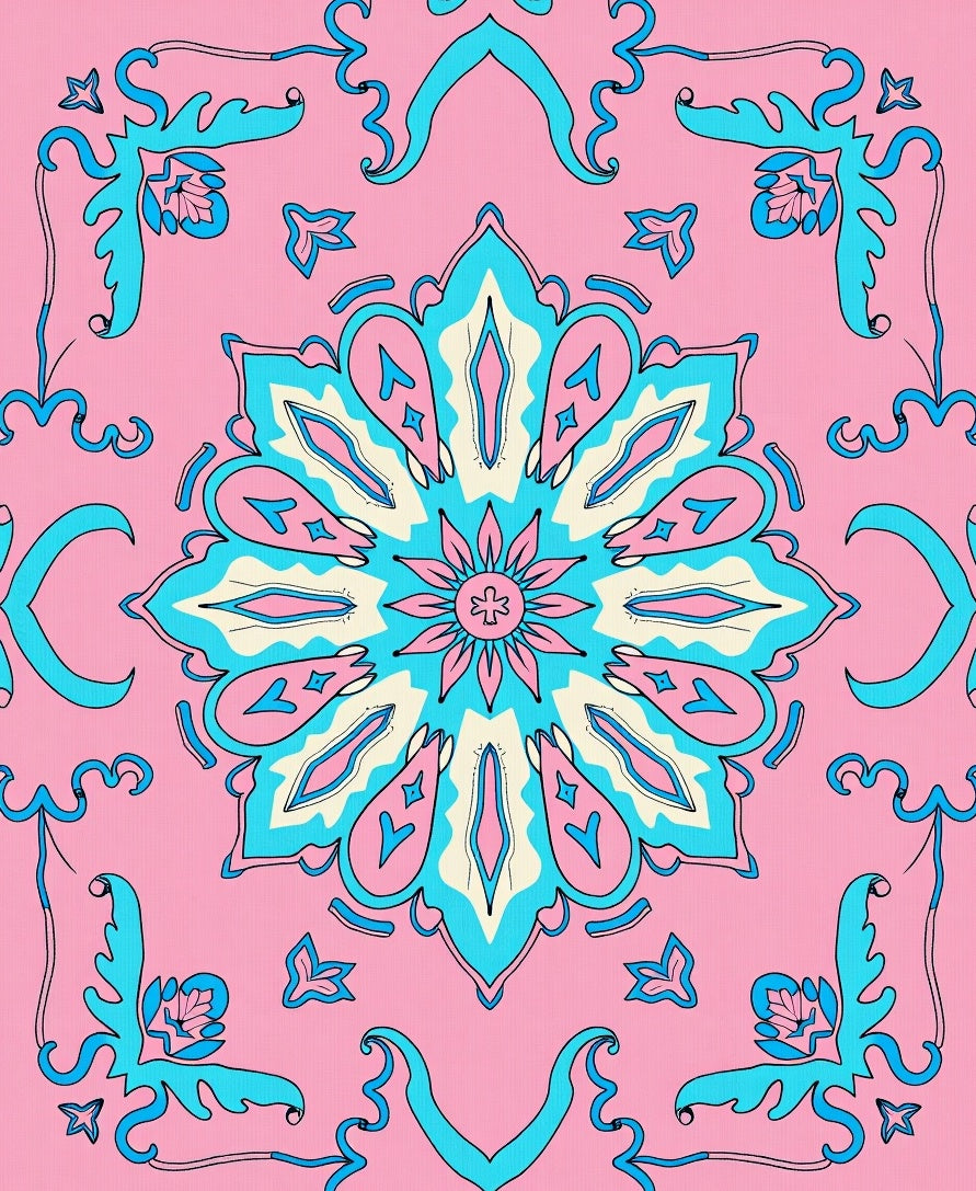 Pink Aqua Floral Medallion Rug