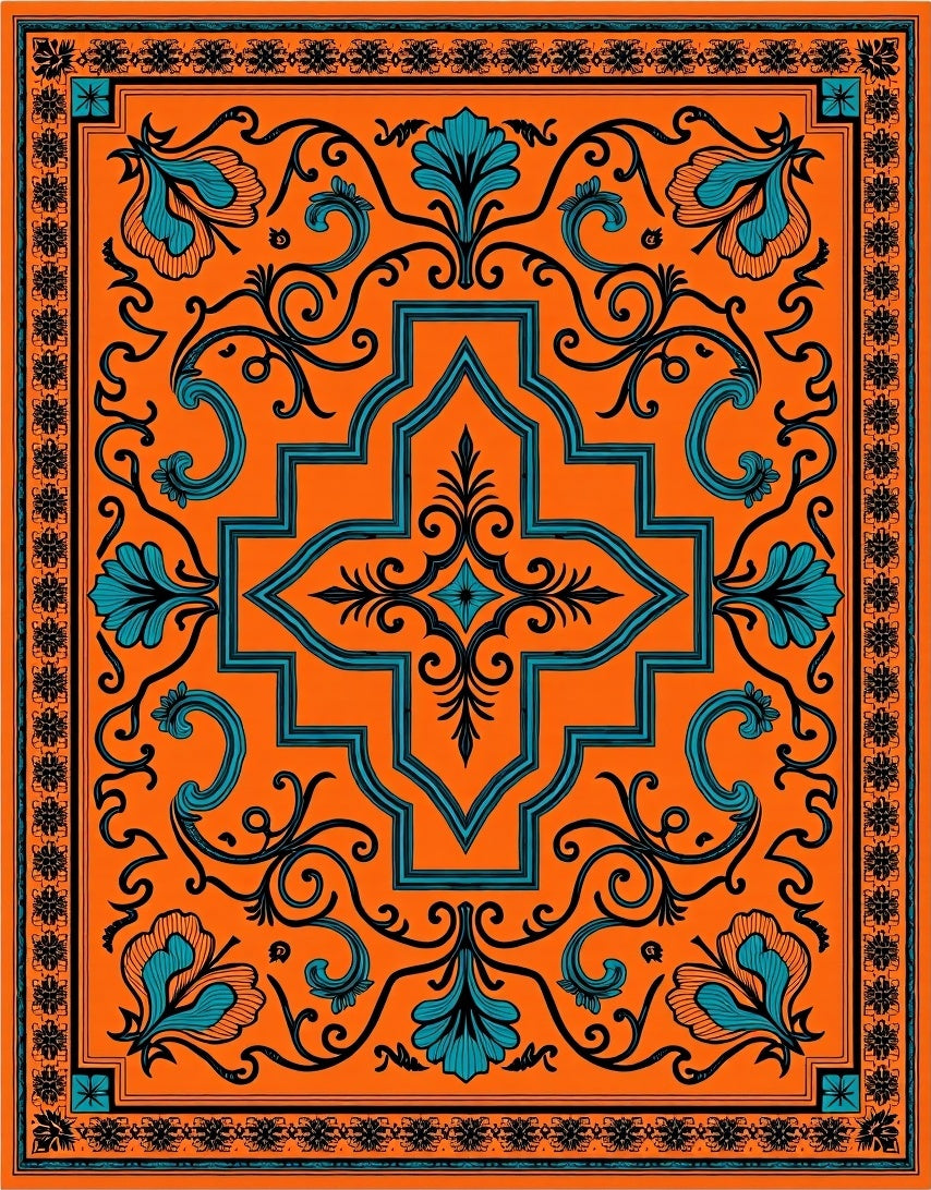 Vibrant Teal Floral Medallion Orange Rug
