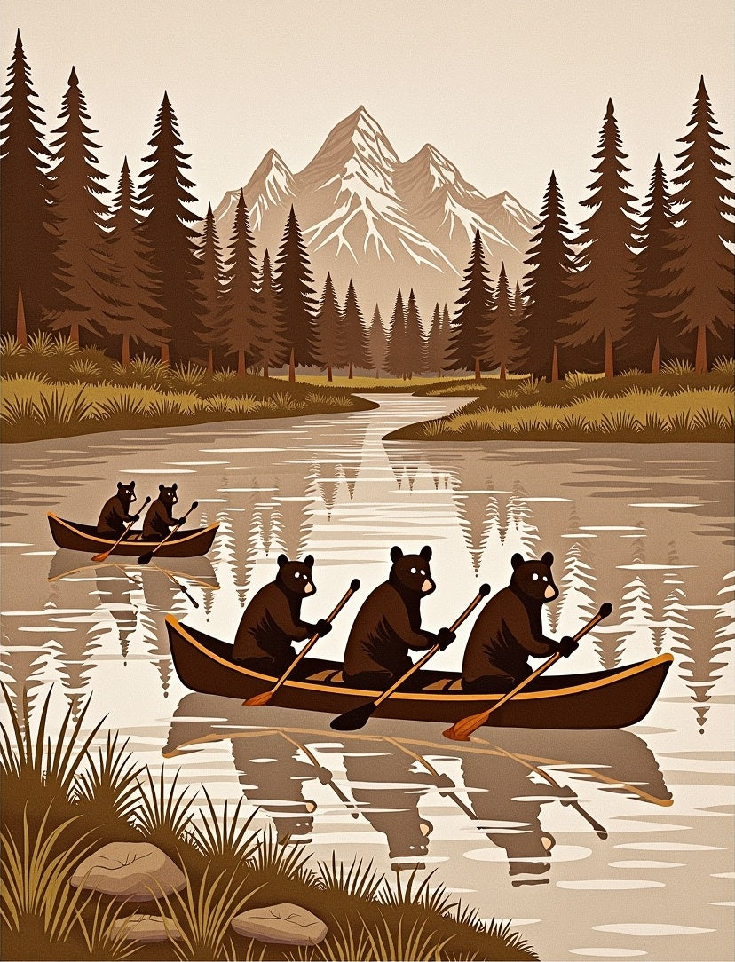 Woodland Bears Canoeing Mountain Lake Whimsical Rug