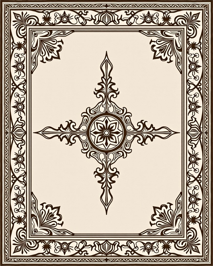 Elegant Cream Brown Scroll Medallion Rug