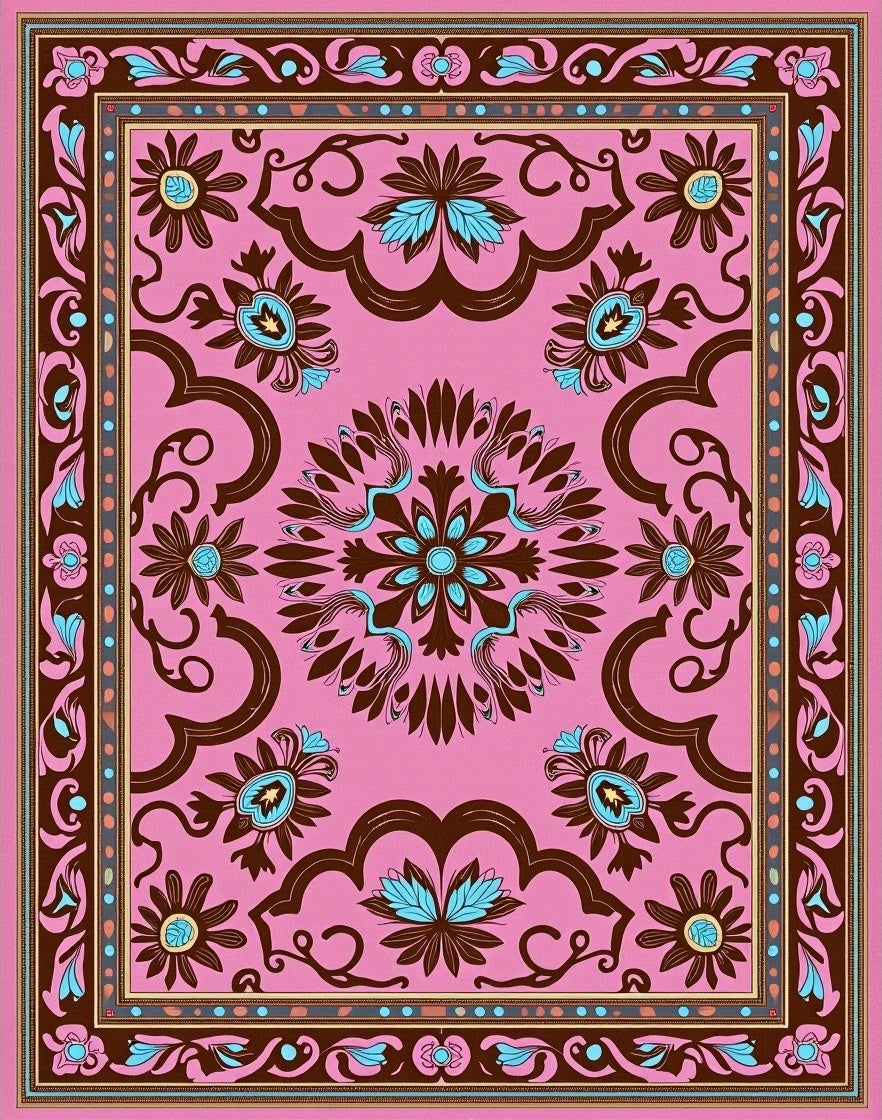 Pink Floral Medallion Brown Blue Accent Rug