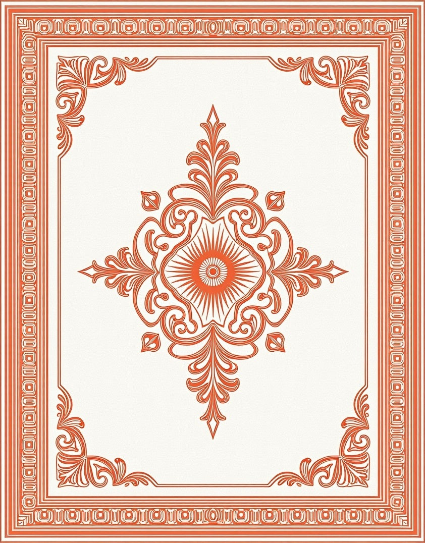 Vibrant Orange Scrollwork Medallion Frame Rug
