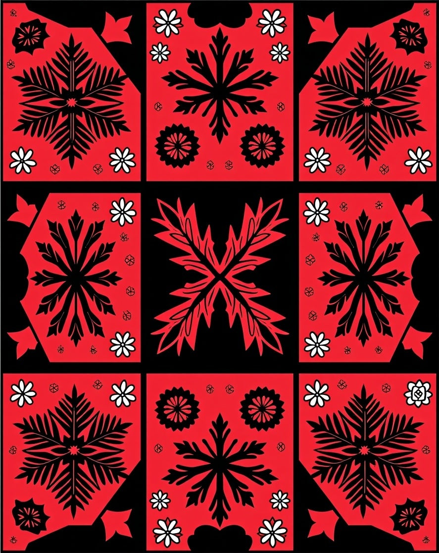 Bold Red Black Floral Medallion Arrangement Rug