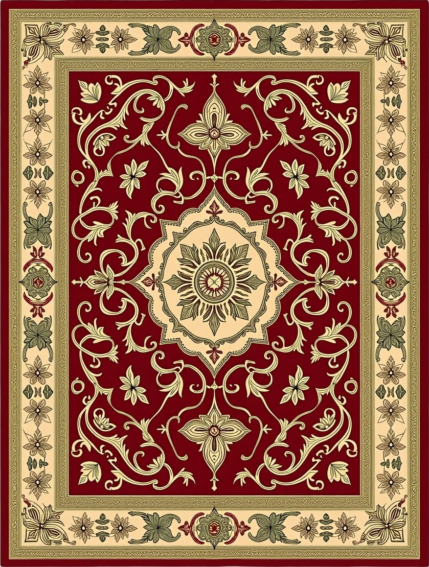 Crimson and Cream Floral Border Medallion Rug