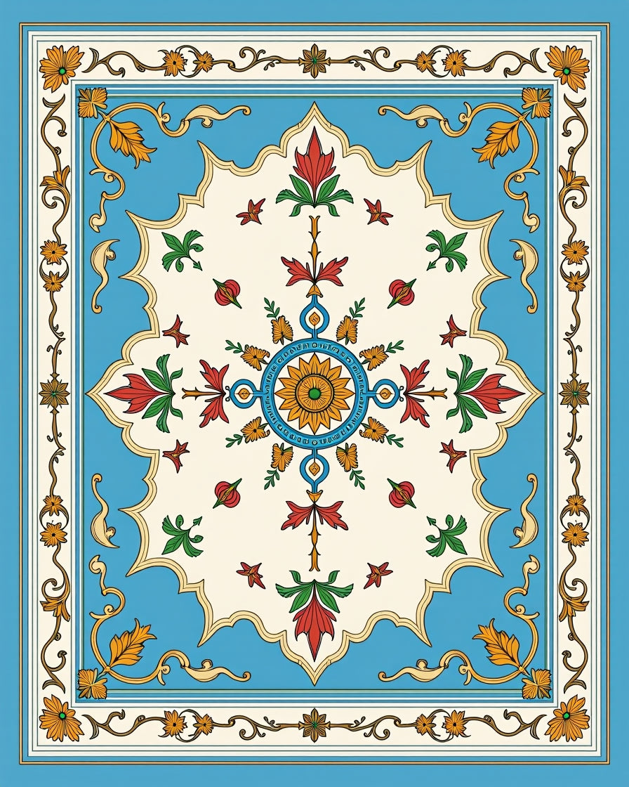 Azure Floral Medallion With Leafy Accents Rug