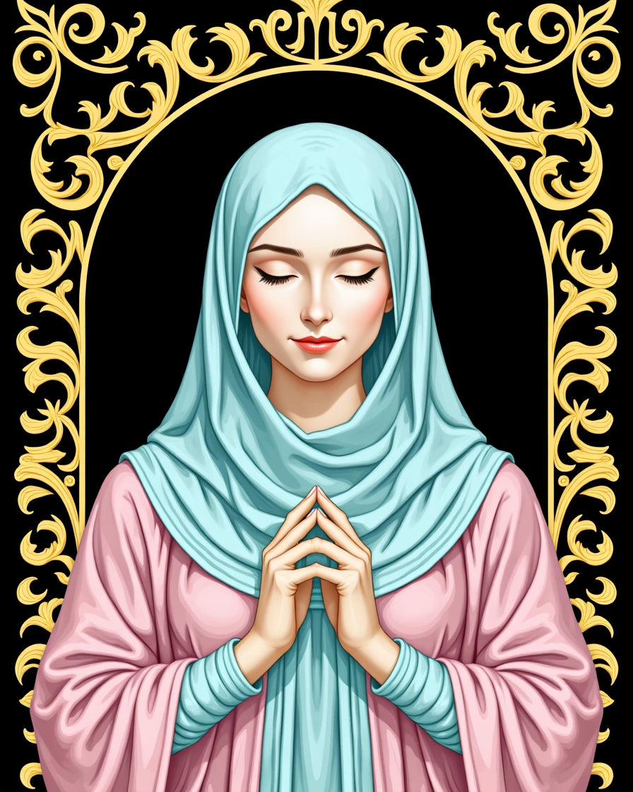 Serene Praying Woman Teal Pink Gold Arch Rug