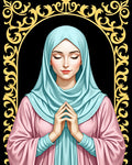 Serene Praying Woman Teal Pink Gold Arch Rug